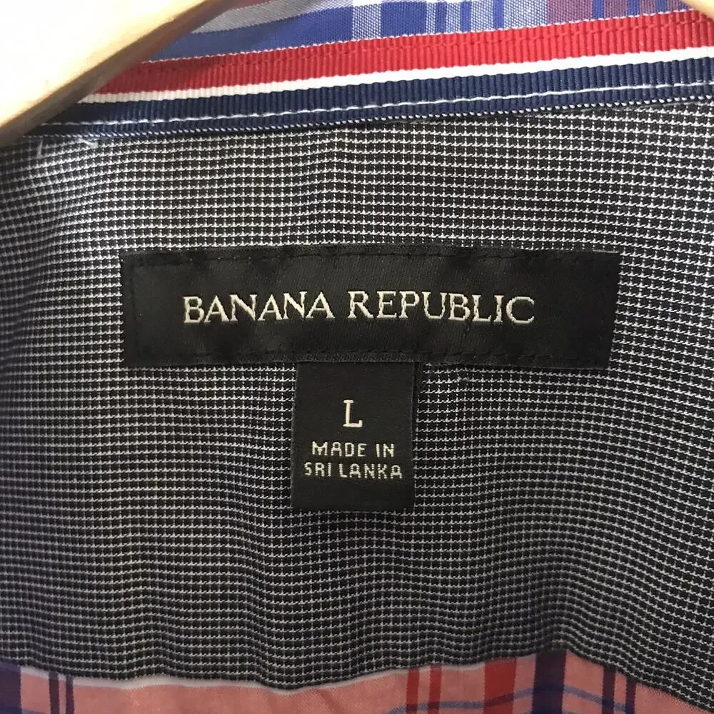 Banana Republic Shirt Mens Large Short Sleeve Blue Plaid Button Front w Stretch
